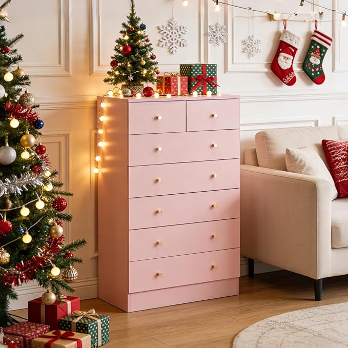 Karl home Pink 7 Drawer Dresser for Bedroom, Tall Dresser Chest of Drawers, Wood Pink Bedroom Dressers for Girls, Anti-Tipping Device, Rose Gold Metal Handle, Living Room, Entryway, Hallway, Office