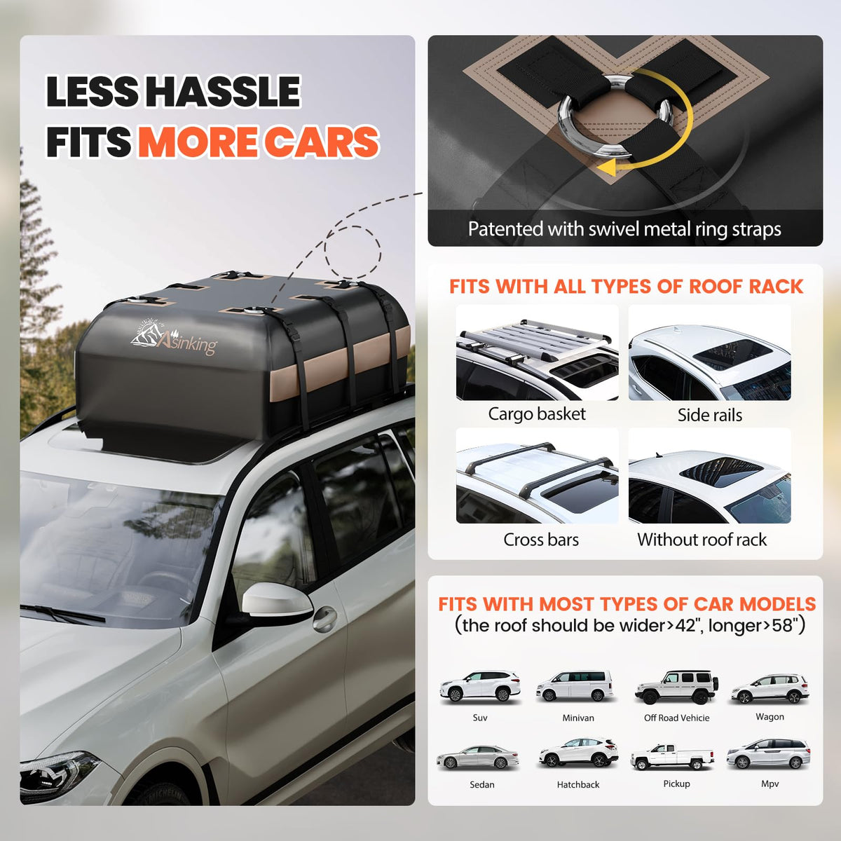 Asinking Car Rooftop Cargo Carrier Bag, 21 Cubic Feet Waterproof Roof Cargo Bag for SUV Minivan, Fit Vehicles with/Without Roof Rack, Sidebars & Crossbars - Max Size 52" L 40" Wx 18" H