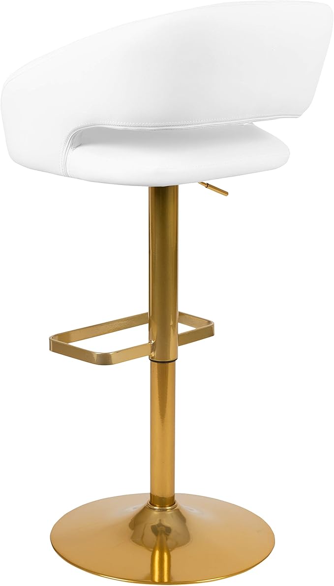 Flash Furniture Erik Comfortable & Stylish Contemporary Barstool with Rounded Mid-Back and Foot Rest, Adjustable Height - White Vinyl with Gold Base, Set of 2