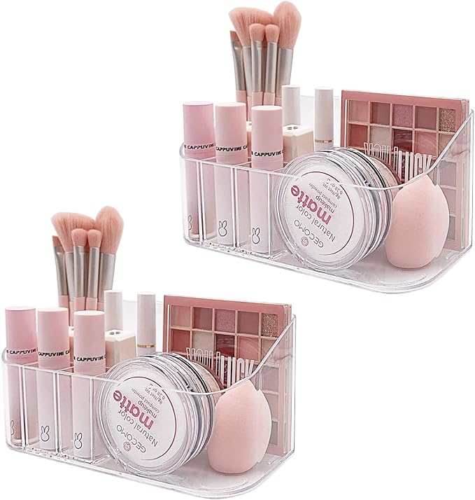 SUNFICON 2 Pack Makeup Trays Organizers Holders Cosmetic Display Cases Tabletop Desktop Vanity Countertop Bathroom Wall Cabinet Medicine Storage Boxes for Womens Ladies Girls Crystal Clear