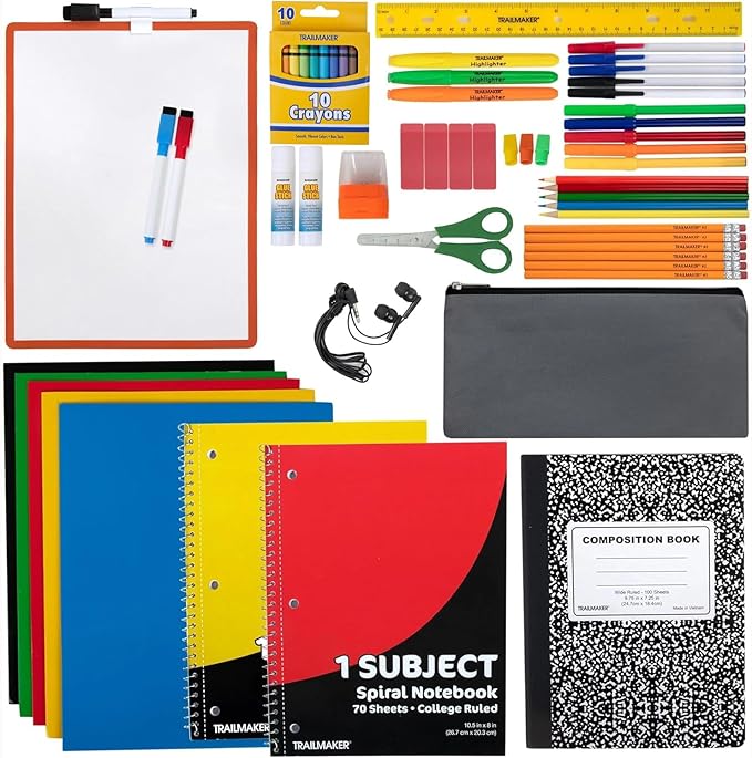 Trail maker Back to School Supplies 60 Piece Bundle Kit for Girls, Boys, Kids, Back to School Supply Box Set Includes Notebooks, Folders, Composition Book, Headphones, Ruler, and More