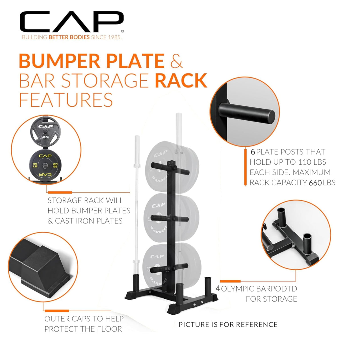 CAP 100 lb Economy Speckled Olympic Bumper Plate Set with Storage Rack, 2-Inch Olympic Plates, Medium Bounce Rubber Weight Plates with Steel Hub, 6 Weight Posts & 4 Barbell Holders for Weightlifting, Strength Training & Home Gym Workouts