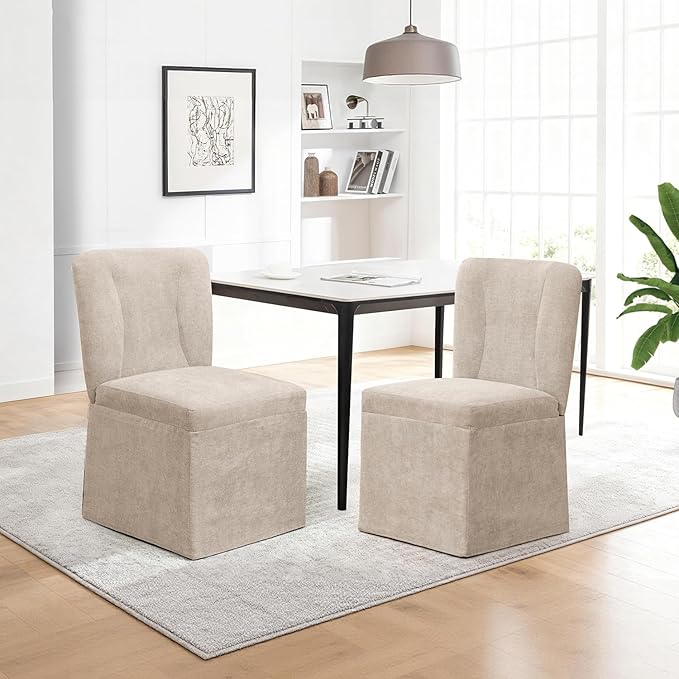 Modern Dining Chairs Set of 4, Upholstered Kitchen Table Chairs, Linen Dining Room Chairs with Metal Frame, Khaki