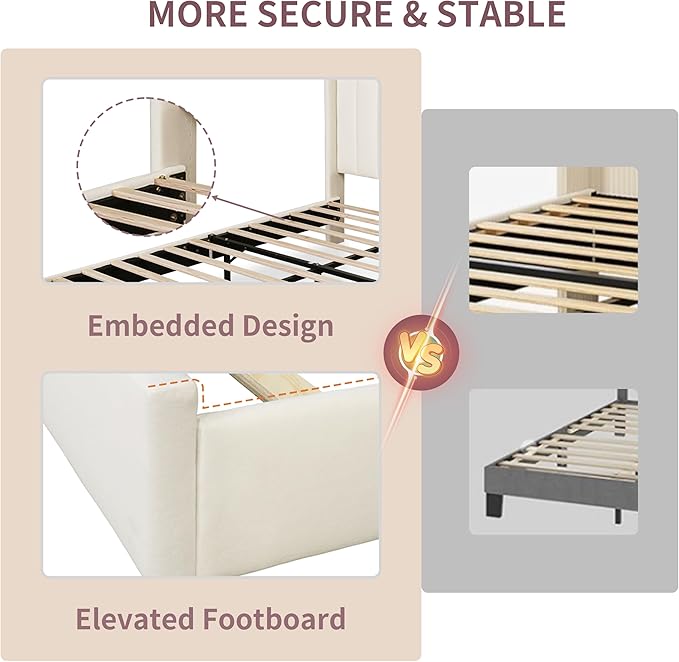 King Size Upholstered Platform Bed Frame with Modern Wingback & Vertical Panel Headboard, Velvet Fabric, Wooden Legs & Slats Support, No Box Spring Needed, Noise-Free & Easy Assembly, Cream