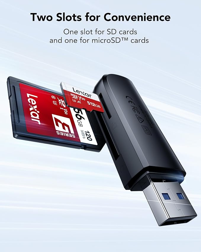 Lexar Dual Slot USB-A Reader, USB 3.2 Gen 1 Up to 104MB/s, USB-A for SD/MicroSD/SDHC/SDXC Camera Card Reader Adapter, OTG MicroSD Card Reader for PC/Laptop/Tablet