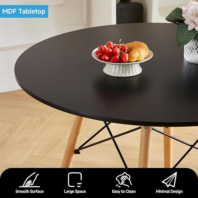Round Dining Table Set for 4 35.5" Wood Dinner Table Circle Dining Table Kitchen Table Chairs Set of 4 with Wood Strip Base for Kitchen Living Room Space Saving Apartment(Black)