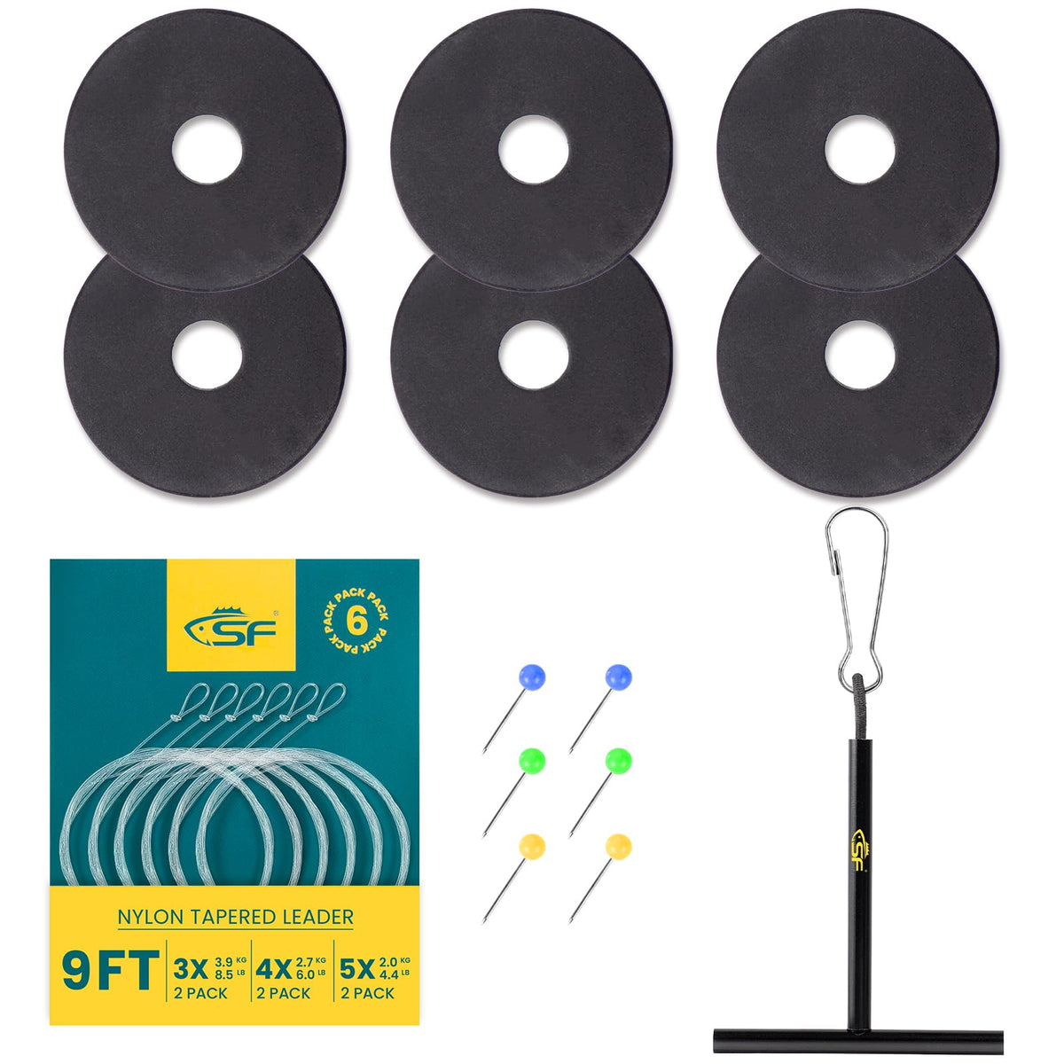 SF 9FT 3X 4X 5X Pre-Tied Loop Fly Fishing Tapered Leader Nylon Monofilemnt with T Holder Spools 6 Pack Combo
