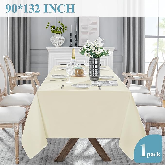 VidaFete 1 Pack Tablecloth 90 * 132inch Rectangle Table Cloth Polyester, Stain Wrinkle Resistant Polyester Dining Table Cover for Kitchen Dinning Party Wedding Tabletop Buffet Decoration(Ivory)