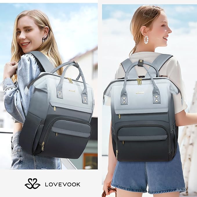 LOVEVOOK Gradient Laptop Backpack for Women,17.3 Inch Work Computer Bakcpack Purse Laptop Bag With Anti-Theft Pocket,Waterproof Carry on Teacher College Backpack for Travel,Black-White-Gray
