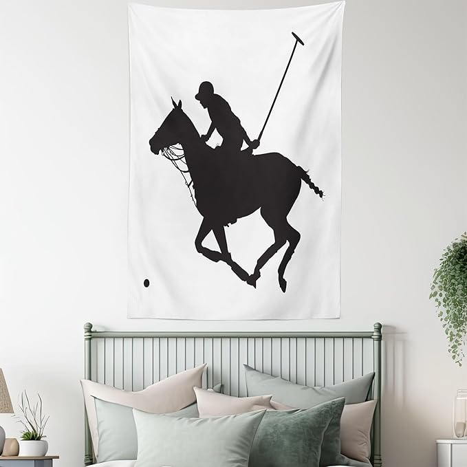 Ambesonne Sports Tapestry, Silhouette Illustration of Polo Player on a Horse Hitting a Ball Print, Fabric Wall Hanging Decor for Bedroom Living Room Dorm, 23" X 28", Charcoal Grey