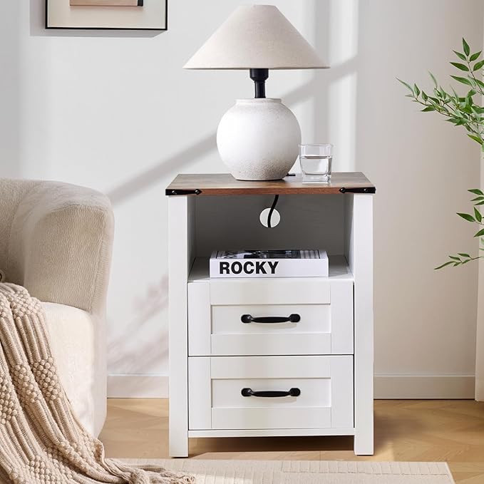 Farmhouse Night Stand, Rustic White Nightstand for Bedroom, End Tables with Charging Station, Bedside Table with Drawers, Wood Bedside Cabinet Dresser