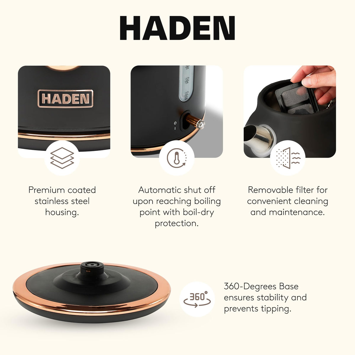 Haden Dorset Stainless Steel Electric Kettle, Black & Copper, 1.7 Liter