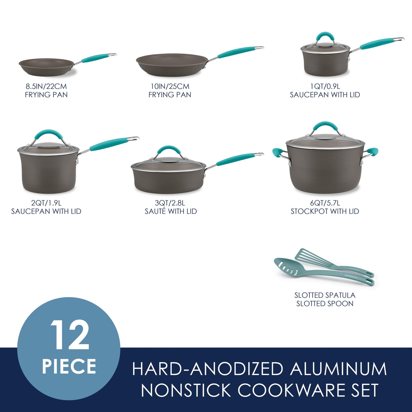 Rachael Ray Cucina Hard Anodized Nonstick Cookware Pots and Pans Set, 12 Piece, Gray with Blue Handles