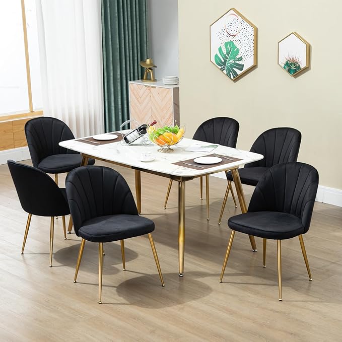 Velvet Dining Chairs Set of 2, Upholstered Mid Century Modern Dining Chairs, Armless Accent Chair with Metal Gold Legs for Living Room, Kitchen, Dining Room, Black