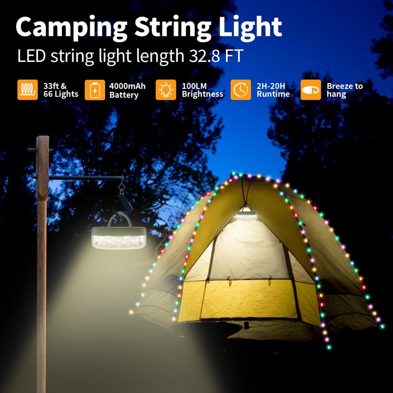 Phylosal Camping String Lights, Camping Essentials 2 in 1 Quick Storage 32.8FT Rechargeable Waterproof Tent Lights with with 6 Modes, Portable LED Hanging Light for Outdoor Patio Awning Garden Party