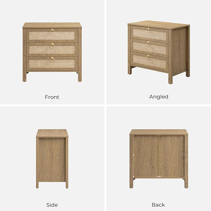 SICOTAS Night Stand with Drawers, Large Rattan Bedside Table with Golden Handle, 3 Drawers Nightstand Tall End Table Side Table Boho Nightstand for Bedroom