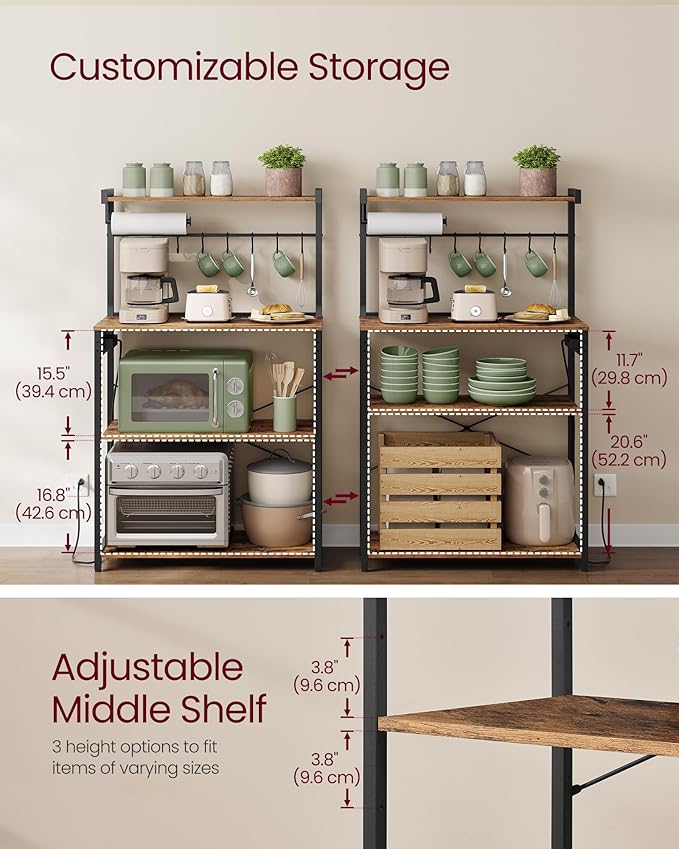 VASAGLE Kitchen Bakers Rack with Power Outlet, Coffee Bar 4-Tier with 8 S Hooks, Microwave Stand, Adjustable Shelf, 15.7 x 31.5 x 55.1 Inches, Rustic Brown and Ink Black UKKS029KD01