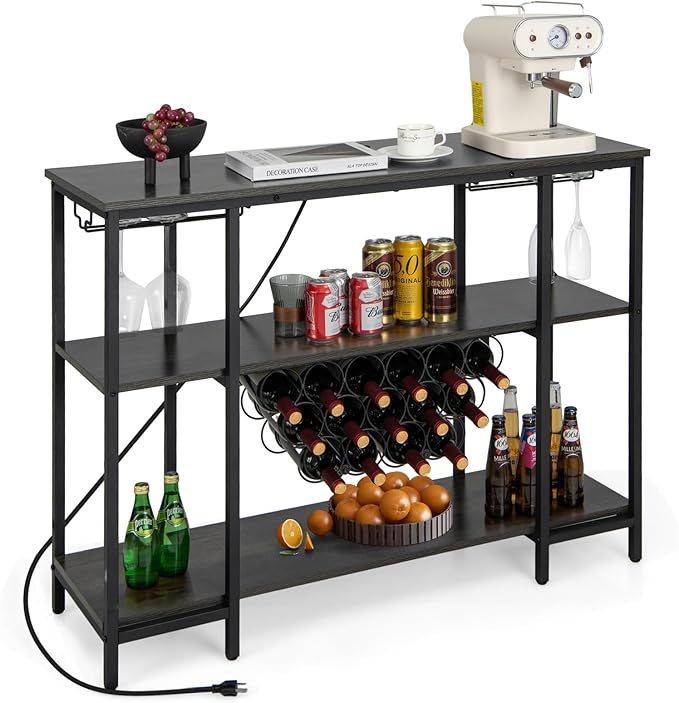 COSTWAY Wine Bar Cabinet, 3-Tier Home Mini Bar for Liquor w/Power Outlets, Glass Holder, Wine Rack, Anti-Tipping Kit, Metal Coffee Bar Table for Home Apartment Kitchen Living Room Pub (Black & Grey)
