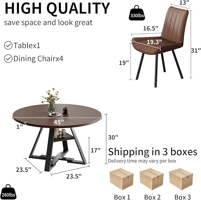 45.3" Walnut Round Dining Table Set with 4 Chairs – Mid-Century Modern Small-Space Kitchen & Dining Room Furniture for Apartment or Breakfast Nook (Walnut – Storage Table + 4 Brown Chairs)