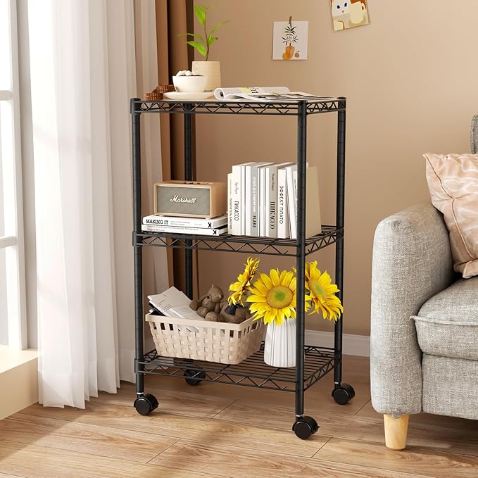 Golpart Small 3 Tier Shelves Storage Wire Shelving Unit Metal Shelf Adjustable Organizers Storage Shelving with Wheels for Bathroom Laundry Room Kitchen Pantry12”D x 18”W x 30.7”H Black