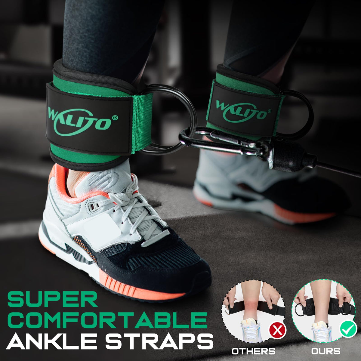 WALITO Gym Ankle Straps for Cable Machines Women & Men - Glute Kickback Ankle Cuff, Adjustable Cable Machine Accessories for Leg Extensions, Hip Abductors & Lower Body Workouts (Pair- Green)