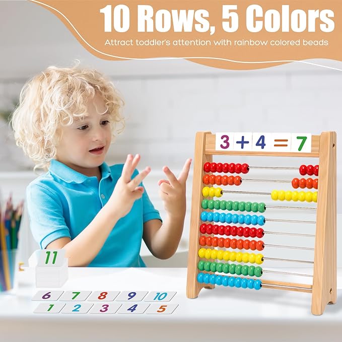 Wooden Abacus for Kids Math - 10-Row Counting Toy with 100 Beads, Number Cards & Counting Sticks, Educational Counters for Kids Math Gift for Age 3 4 5 6 7 Year Old Boy Girl