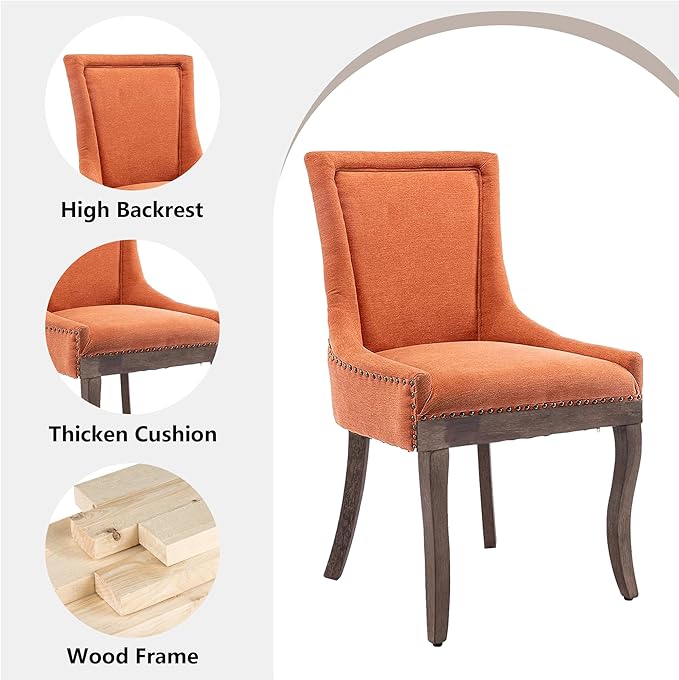Farmhouse Dining Chairs Set of 4, Upholstered Fabric Dining Room Accent Chairs with Wood Legs & Bronze Nailhead, High Wingback Kitchen Chairs for Living Room Hotel Apartment, Orange