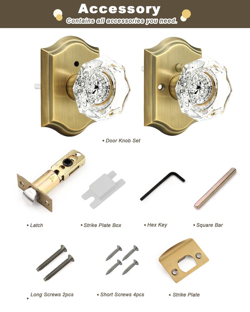 Gobrico Transparent Glass Door Knobset Interior,Privacy Diamond Crystal Door Lockset in Antique Brass,Keyless for Interior Bath/Bed,Push Pin Button Inside Lock?1 Pack