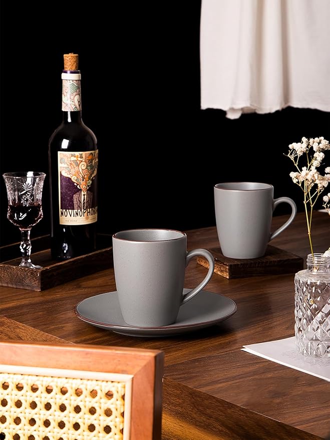 famiware Venus Coffee Mugs for 6, 14 oz Mug Set, Dringking Cup with Handle for Coffee, Tea, Cocoa, Milk, Dark Grey