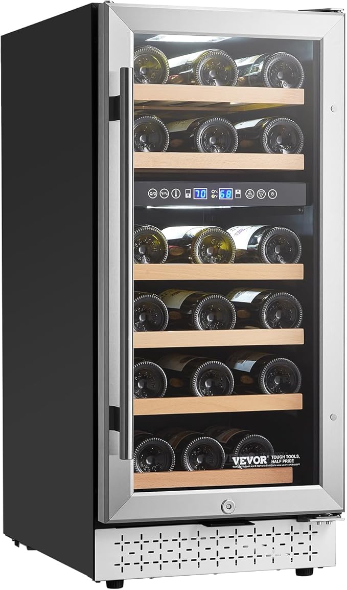 VEVOR Wine Cooler, 28 Bottle Dual Zone Wine Fridge, Mini Wine Cooler Refrigerator with Glass Door, Adjustable Shelves, Digital Temperature Control, Built-in & Freestanding Fridge for Home Office Bar