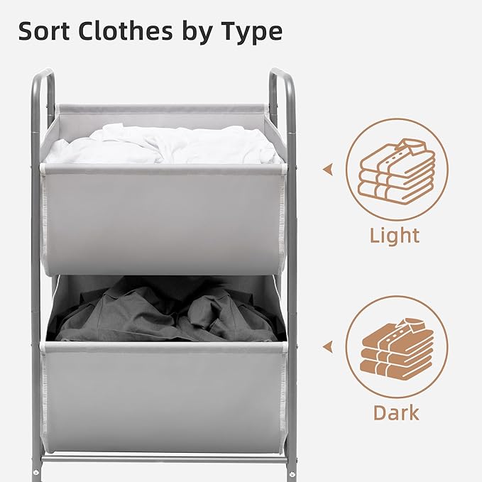 STORAGE MANIAC 80 Liters Vertical Rolling Laundry Hamper, 2 Section Laundry Sorter with Wheels and 2 Breaks, 2-tier Laundry Baskets for Small Space, Dorm, Laundry Room, Closet, Bathroom, Gray 2-tier