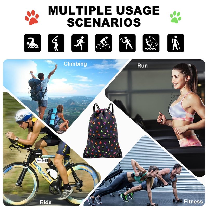 HOLYLUCK Drawstring Backpack Bag Sport Gym Sackpack (Black dog paw prin)