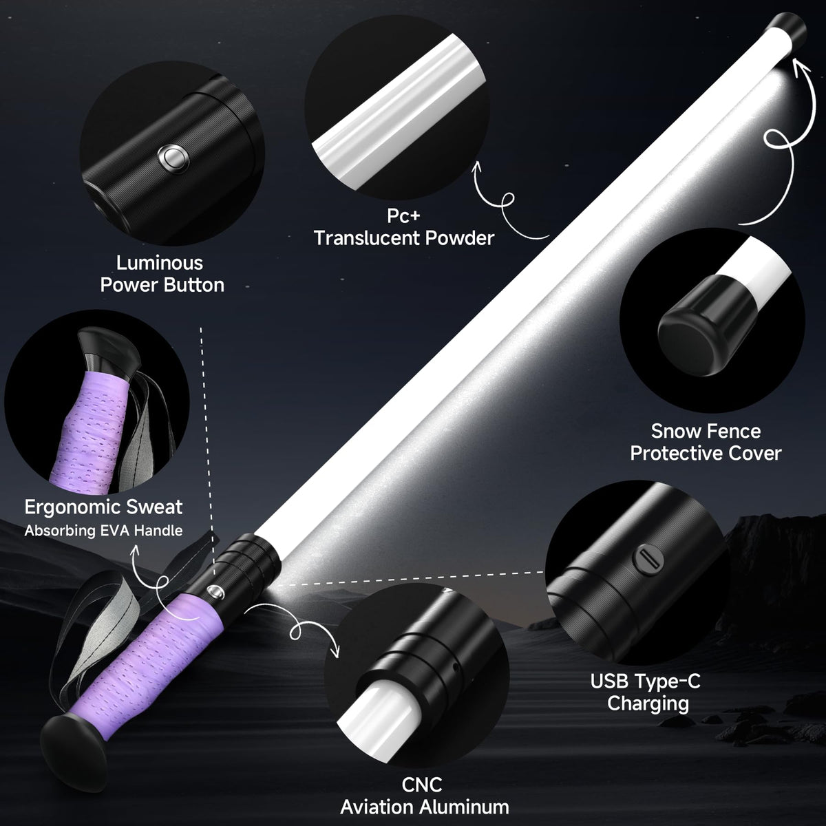LED Illuminated Hard Hiking Poles, Lighting Tools and Warning Functions, USB Charging, 8-Hour Battery Life, IP55 Waterproof