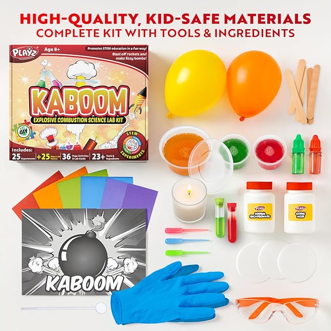 Playz Kaboom! 50+ Explosive Science Experiments Kit for Kids Age 8-12 with 25 Playz Lab Token Experiments - Chemistry Set STEM Learning & Educational Toys & Gifts for Boys, Girls, Teenagers & Kids