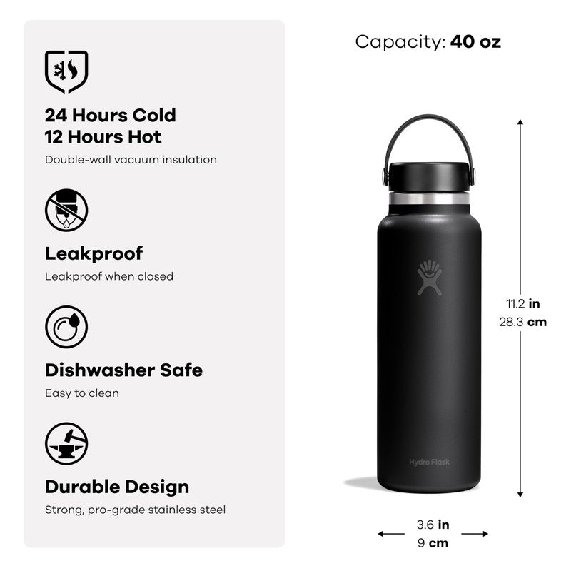 Hydro Flask Water Bottle - Insulated Stainless Steel - Wide Mouth Flex Lid, Non Spill, Leakproof and Refillable in 40 Oz Cloud Pink