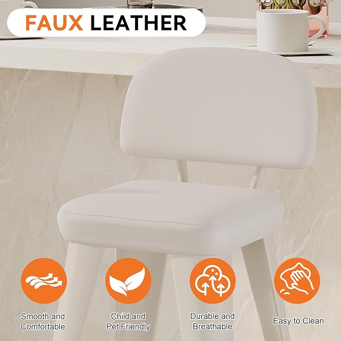 Aklaus PU Leather Metal Bar Stools 26 inch Faux Leather Counter Height Barstools Set of 2 Modern Farmhouse Bar Chairs with High Backs and Faux Leather Seat for Kitchen Island Dining Room Off White