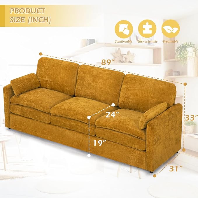 89” Chenille Sofa w/Arm Pillows, Upholstered 3-Seater Sofa w/Comfortable Back Cushions, Modern 3 Seats Couch w/High-Density Foam for Living Room, Apartment, Office, Yellow