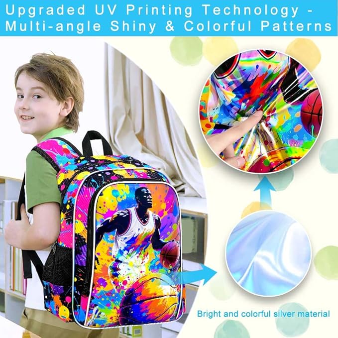 KLFVB 3PCS School Backpack for Boys, 17" Kids Basketball Bookbag and Lunch Box, Water Resistant Backpack for Teenagers Middle Elementary - Spray-painted Basketball