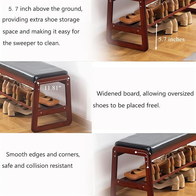 SOBIBO Solid Wood Shoe Bench, 2-Tier Wooden Entryway Bench, Modern Shoe Rack with Faux Leather Cushion for Hallway, Living Room (Black, 39.4'')