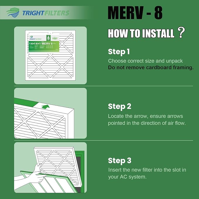 14x14x1 Air Filter 6 Pack, Durable MERV 8 Pleated Home HVAC AC Furnace Filters