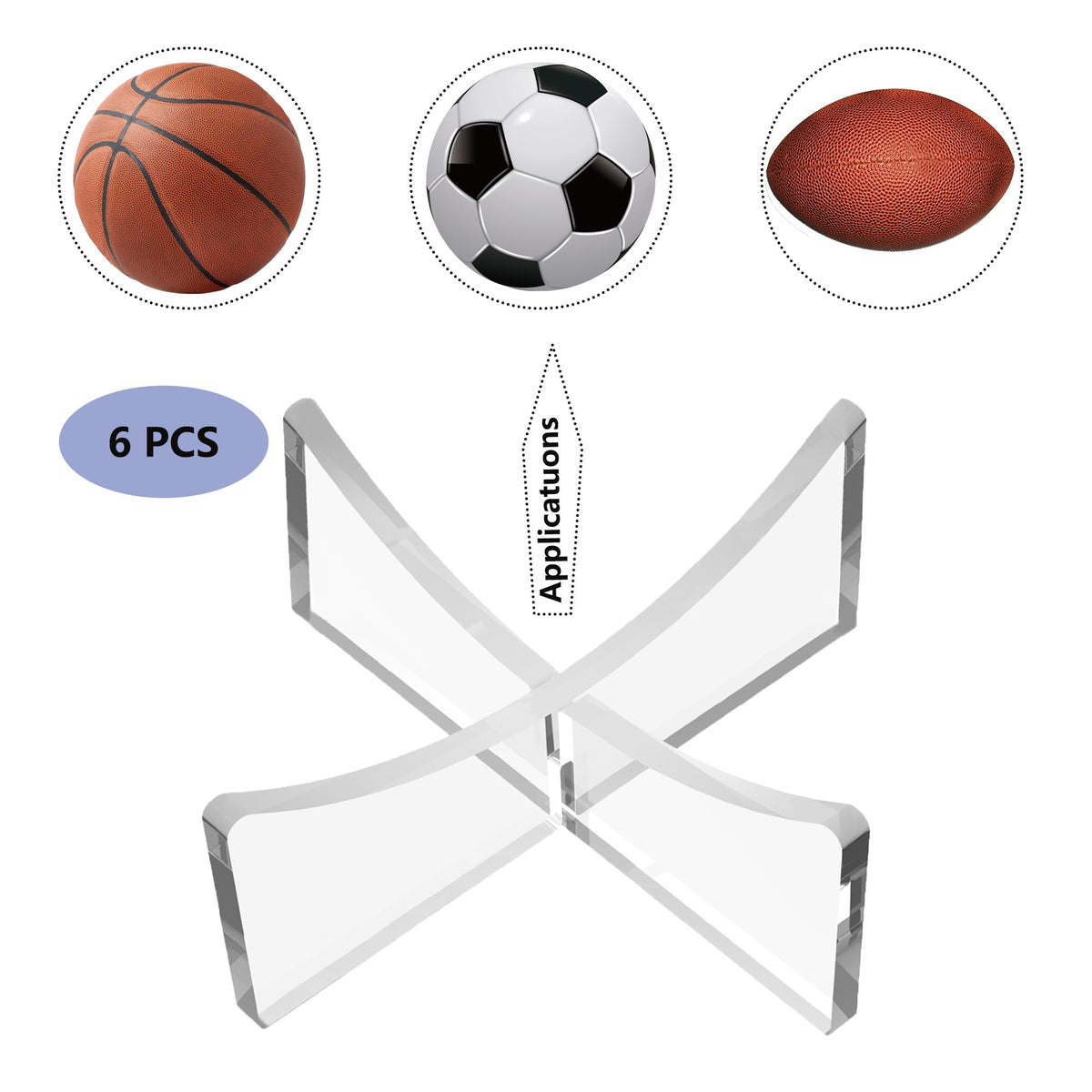 HEMYLU Acrylic Ball Stand Holder, 6-Pack Display Stands for Football Basketball Soccer, Volleyball Rugby Clear Case Rack