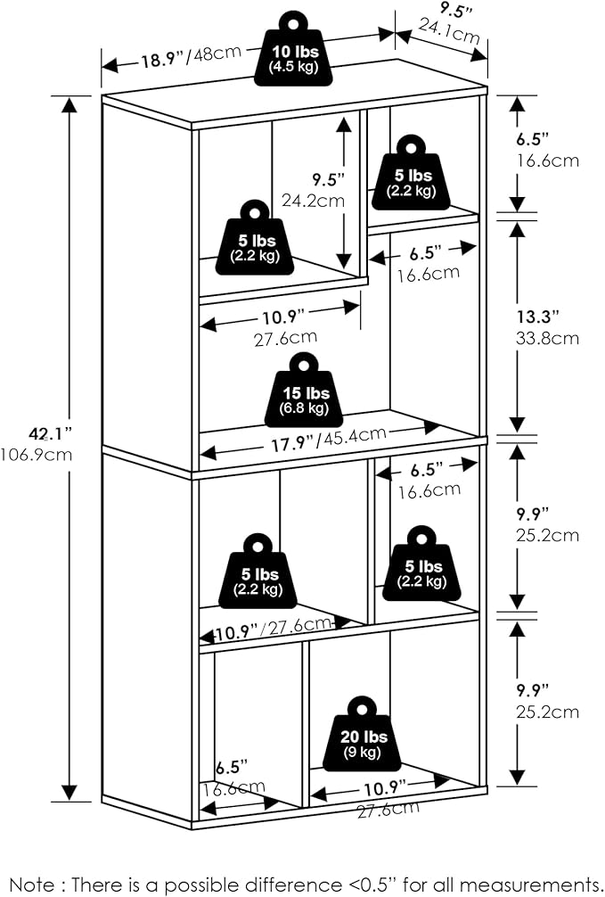 Furinno DALY Book Shelf, 7-Cube Bookshelf, Cube Storage Organizer Bookcase with Irregular Compartments, 9.4 x 18.9 x 42.1, for Living Room, Bedroom, Home Office, Espresso