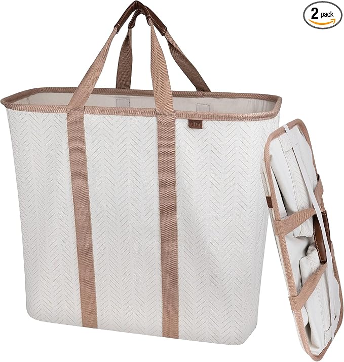 CleverMade Collapsible Laundry Caddy – Foldable Laundry Hamper & Tote, XXL 64L Pop-Up Laundry Basket with Handles, Space-Saving Laundry Organizer for Home & Travel, 2 Pack - LUXE Cream Herringbone