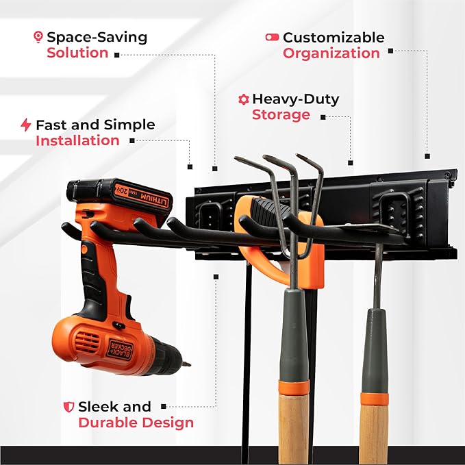 Garage Tool Organizer Wall Mount - 32 inches - Sturdy Storage Rack with Adjustable Hooks, Anti-Rust - Easy Installation, 200lbs Capacity - Garden Tool Organizer (02 Racks & 04 Hooks)