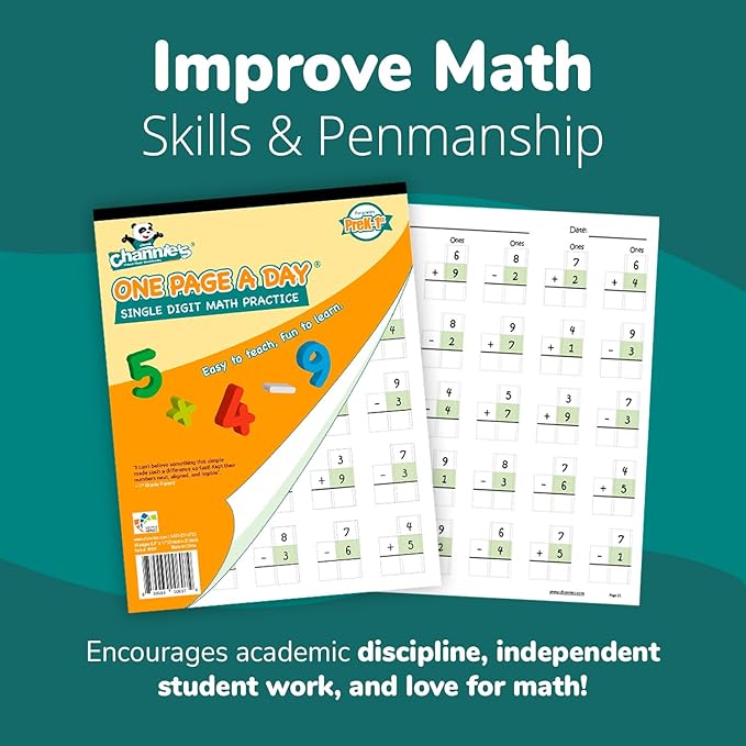 Channie’s One Page A Day Single Digit Addition & Subtraction Workbook for Pre-Kindergarten - 1st Grade Elementary School Students, Single Digit Math Practice, 50 Pages