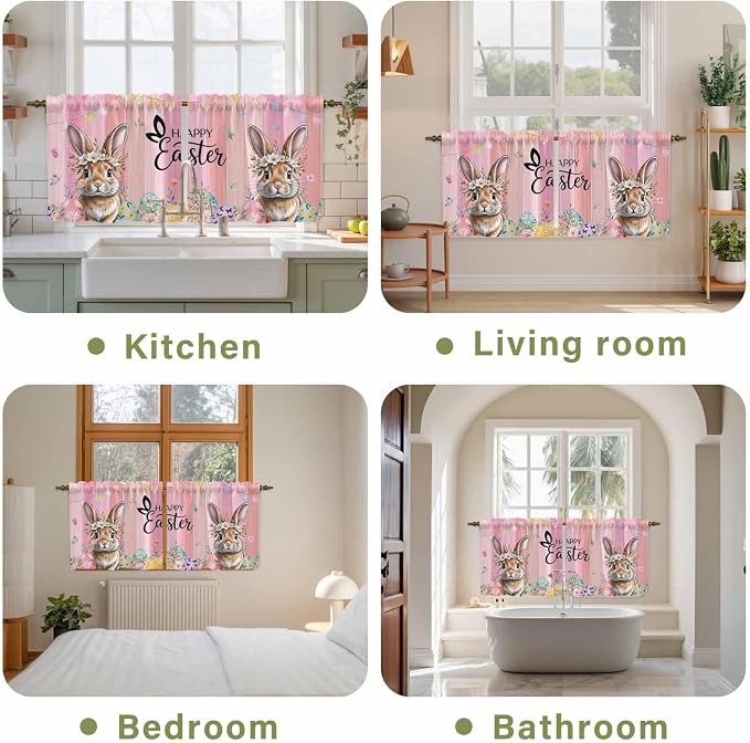 Easter Tier Curtains, Spring Rabbit Eggs Flowers Flags Leaves Wood Grain Light