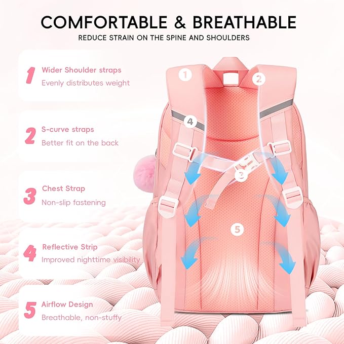 Girls Backpack with Lunch Box 3Pcs, Kawaii School Bag Set for Kid Elementary Middle School, Multi-Pocket Cute Laptop Bookbag Lightweight, Pink