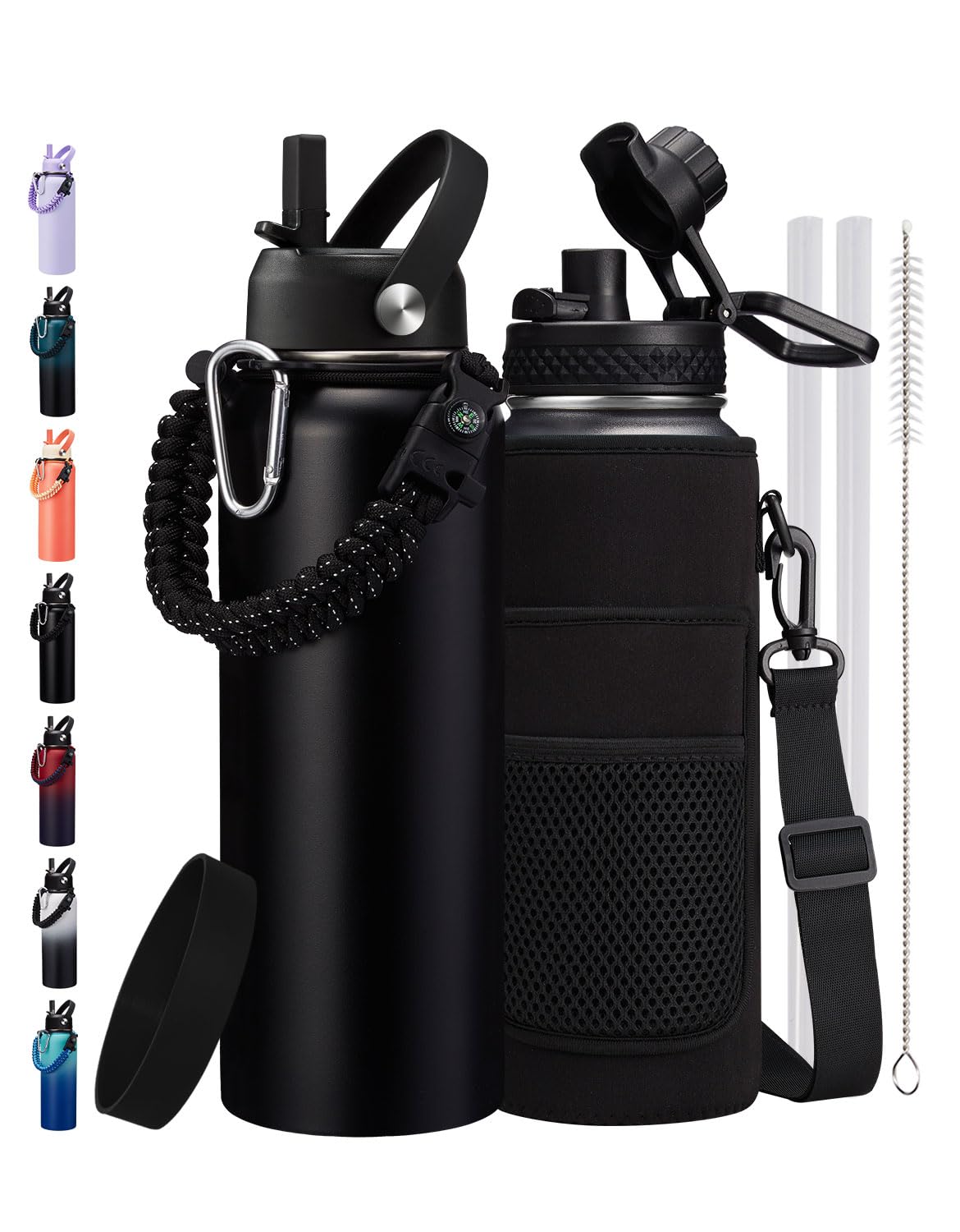 1/2 Gallon Water Bottle Insulated - Keep Cold 48H, with Carrier Pouch, Straw & Auto Spout Lid, Paracord Handle & Protective Boot, 64oz Water Jug Half Gallon Stainless Steel Flask Set