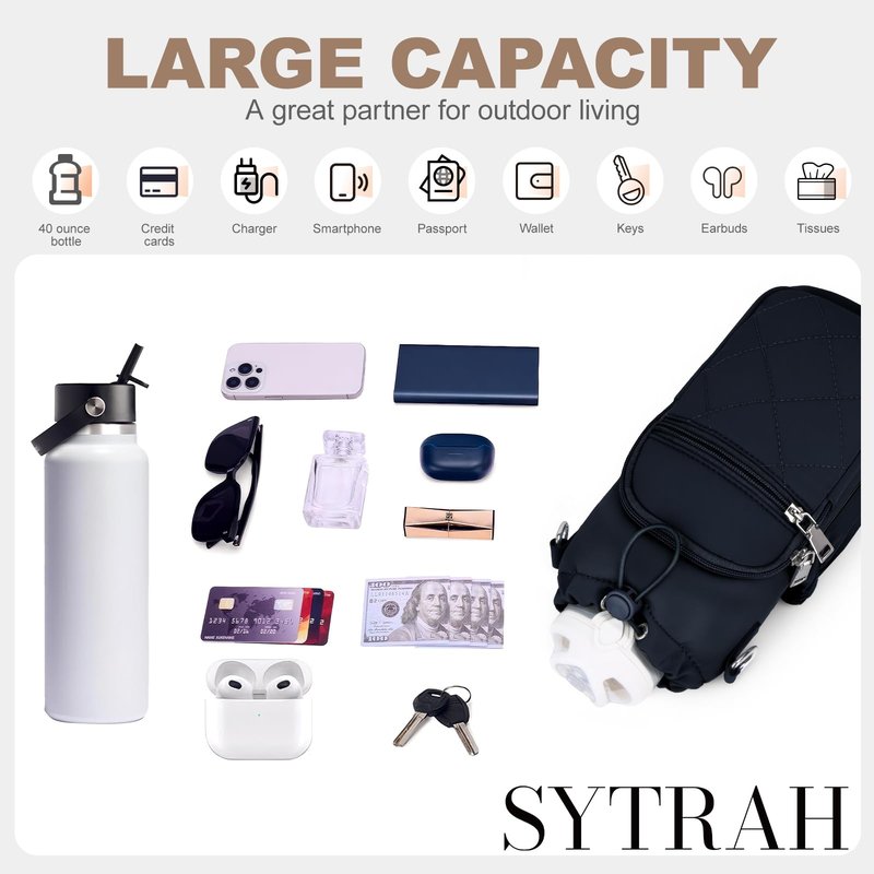 SYTRAH Water Bottle Carrier Bag with Strap, Water Bottle Purse with Phone Pocket 40oz, Insulated Crossbody Bags for Walking Hiking Dark Blue