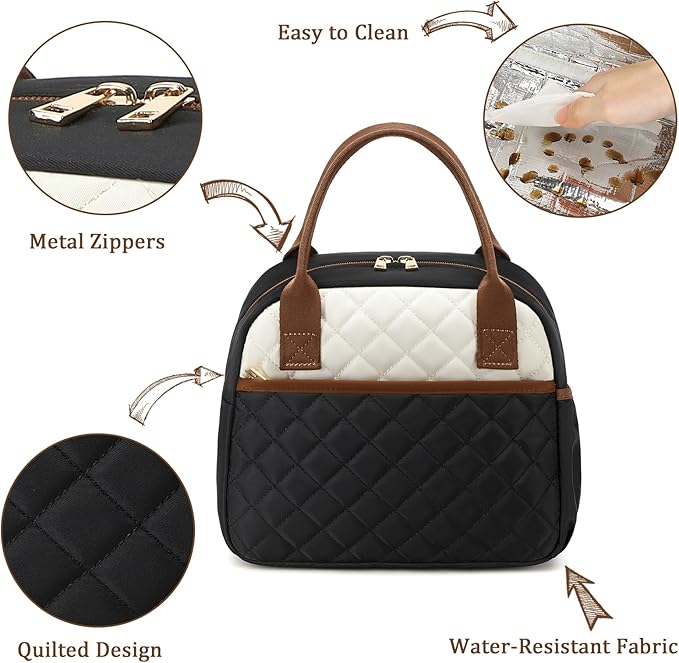CAMTOP Lunch Box for Women Men Insulated Lunch Bag Lunch Tote Bag Leakproof Thermal Cooler Large Capacity for Travel Work School Picnic (Black White Brown)